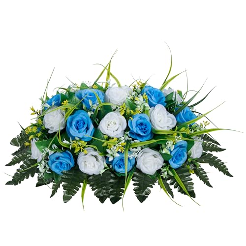 MOOMASS Cemetery Headstone Flower Saddle - Artificial Cemetery Flowers Rose, Grave Decoration???Non-Bleed Colors, and Easy Fit (Light Blue+White, Saddle)