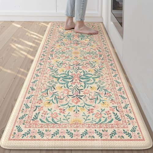 Collive Kitchen Mats Cushioned Anti Fatigue, Non Slip Waterproof Kitchen Floor Mat Modern Pink Floral Sink Rug, Comfort Desk Standing Rugs for Bedroom, Laundry, Home Office, 2'x5'