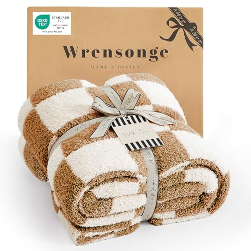 "WRENSONGE Checkered Throw Blanket, Burnt Orange Soft Cozy Fluffy Warm Hand Made Throw Blankets for Couch, Sofa, Chair, Bed, Camping, Picnic, Travel Lightweight Bed Blanket - 50""*70"""