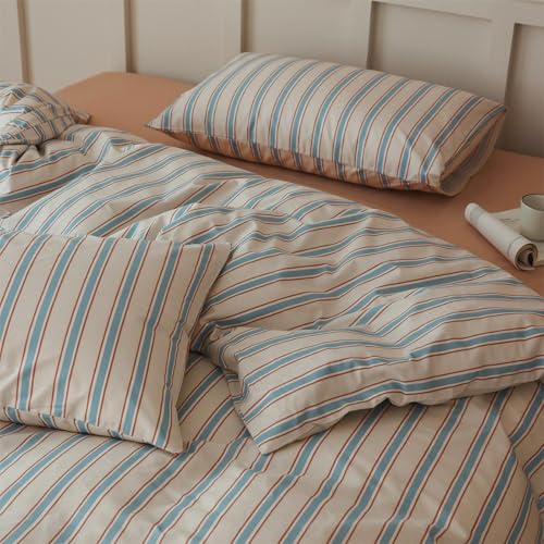 Blue Striped Duvet Cover Twin 100% Cotton Retro Stripes Pattern Printed Bedding Set 3 Pieces Blue Brown Striped Comforter Cover Simple Style Breathable Duvet Cover with Zipper Closure & Corner Ties