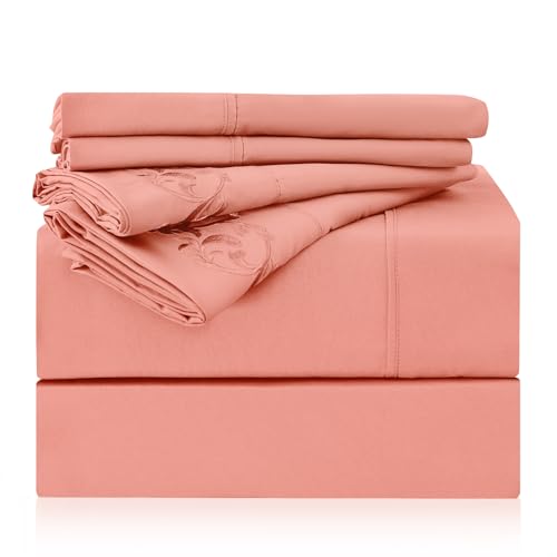 "LONAVA King Size Sheet Set - 6 Piece Hotel Luxury Wrinkle-Free Microfiber Sheet, Oeko-TEX Certified, Breathable & Elastic, 16"" Deep Pockets, Peachy Coral"