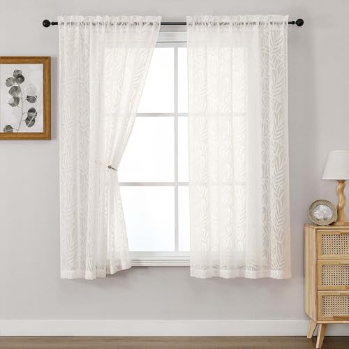 OVZME Ivory Sheer Curtains 63 Inch Length 2 Panel Set, Light Filtering Bedroom Curtains with Dual Rod Pocket Top, Leaf Clip Jacquard Sheer Farmhouse Window Drapes for Living Room, 2x42Wx63L Inches