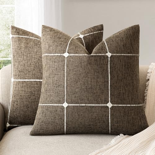 Foindtower Pack of 2 Decorative Faux Linen Jacquard Check Throw Pillow Covers Farmhouse Cushion Cover with Grid Textured Accent Pillowcase for Couch Sofa Living Room Home Decor,22??22 Inch,Cocoa Brown