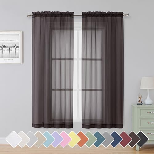 "Simplebrand Chocolate Sheer Curtains 63 Inch Length 2 Panels, Rod Pocket Solid Color Window Sheer Curtain Panels, Elegant Curtains & Drapes for Living Room, Bedroom 2 Panels (42"" W x 63"" L)"