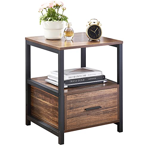 VECELO Bedside Table 40cm, Modern Nightstand End Side Sofa Cabinet with Open Shelves & Large Drawer for Bedroom Living Room Home Office Furniture