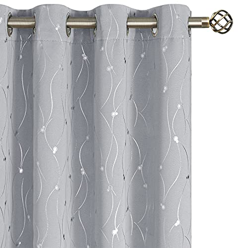 BGment Room Darkening Curtains 84 Inches Long, Grommet Thermal Insulated Blackout Curtains with Wave Line and Dots Printed for Bedroom, 2 Panels, Each 52 x 84 Inch, Light Grey
