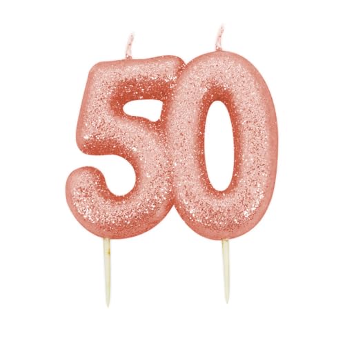 50th Birthday Candle, Metallic Rose Gold Glitter Number 50 Cake Topper, 50th Birthday Cake Decoration for Men/Women, 7cm