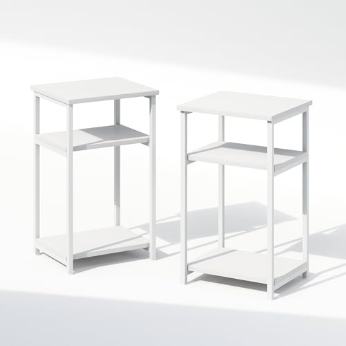 Furinno SIMPLISTIC Night Stand Set of 2, 3-Tier Open Shelf Design Nightstand with Metal Frame, Bedside Table, End Table, Side Table, for Bedroom, Living Room, White