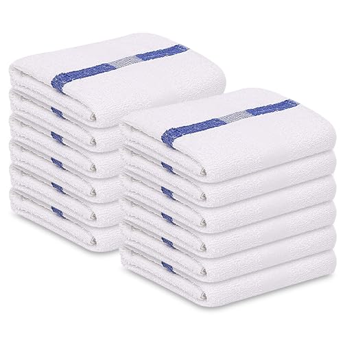 GOLD TEXTILES Bulk Bath Towels White (22x44 Inches) Economy Grade Light Weight Easycare (12 - Blue Stripe)