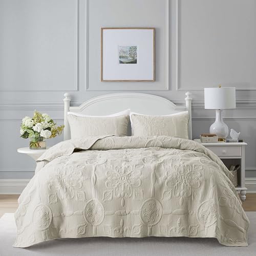 Light Beige Damask Quilt King Size Bedding Sets with 2 Pillow Shams, Boho Bedspread Lightweight Soft Farmhouse Vintage Bohemian Coverlet Retro Jacquard Pattern Bed Cover for All Season, 3 Pieces