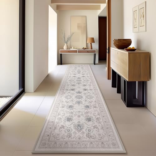 Phantoscope Vintage Hallway Runner Rug 2'x10' – Washable Low-Pile Runners with Distressed Boho Floral Pattern, Non-Slip Long Carpet for Entryway, Kitchen, Laundry Room, Bedroom, Cream Beige/Neutral