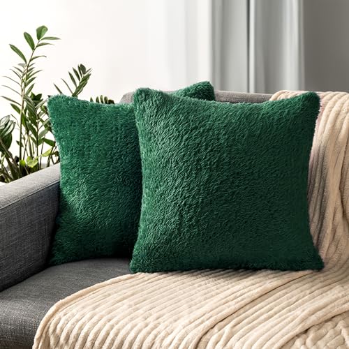 PAVILIA Fluffy Emerald Green Throw Pillow Covers, Decorative Accent Pillow Cases for Bed Sofa Couch, Soft Faux Fur Cushion Cover, Square Sherpa Pillowcases, Home Room Decor, Green, 20x20 Set of 2