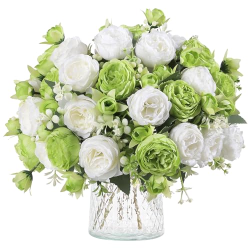 Floweroyal 4 Bunches Peony Artificial Flowers Green Flowers Silk Peonies Bouquets for Wedding Party Table Centerpieces Floral Arrangement Home Kitchen Decor