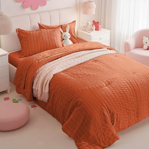 Twin Comforter Set 5 Piece,Burnt Orange Bed in a Bag Twin Size Bedding Sets - Zzlpp Seersucker OEKO-TEX Certified Down Alternative Comforter with Breathable sheets&pillowcases,Lightweight,All Season