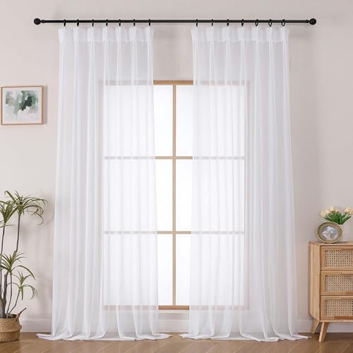OWENIE White Pinch Pleated Sheer Curtains 96 Inches Long for Bedroom Living Room, Modern Soft Airy Solid Light Filtering Window Curtains, Pinch Pleated Sheer Window Treatments, White, Each 40x96 Inch