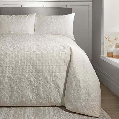Serene Avery Stripe Natural Pinsonic Duvet Cover – Single Size (140 x 200cm) – Embossed Reversible Bedding Set with Traditional Jacquard Look – Luxury Duvet Cover