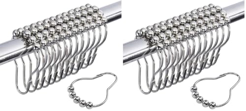 12 PCS Shower Curtain Hooks, Silver Stainless Steel Shower Curtains Rings with Roller Balls, Rust-Resistant, Heavy-Duty Closure, Suitable for Standard Bathrooms (Pack of 2)