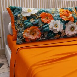 PETTI Artigiani Italiani - Cotton Sheets with Pillowcases in Digital Print, Double Maxi, Complete Top and Bottom Sheet with Corners, Floral 05 18 Orange, 100% Made in Italy