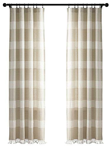 "Lush Decor, Taupe Tucker Stripe Yarn Dyed Cotton Knotted Tassel Window Curtain Panel Pair, 84"" x 40"""