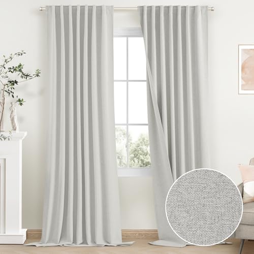 "SimpleHome 100% Blackout Linen White Living Room Curtains 52"" W x 96"" L - Farmhouse Back Tab Living Room Curtains,Textured Rod Pocket Bedroom Curtains,2 Panels Room Darkening Curtains,96 Inches Long"