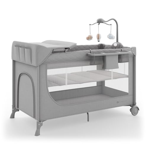 Kinderkraft LEODY UP 2-in-1 baby and travel cot, changing table, organiser, mobile with toys and sound, safe playpen, 2 base levels, lockable wheels, Grey