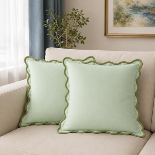 Folkulture Throw Pillow Covers 18x18, Scalloped, Sage Green, Set of 2
