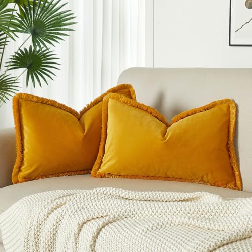 JUSPURBET Gold Velvet Throw Pillow Covers 16x24 Inch Set of 2 with Soft Tassel Fringe Luxury Boho Pillowcase for Sofa Couch Bed Home Decor Machine Washable