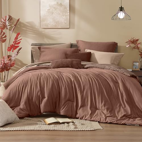 Monbix Full Comforter Set 7 Pieces Terracotta Cationic Dyeing Bed in a Bag - Lightweight Reversible All Season Bedding Sets with Comforter, Sheets, Pillowcases & Shams
