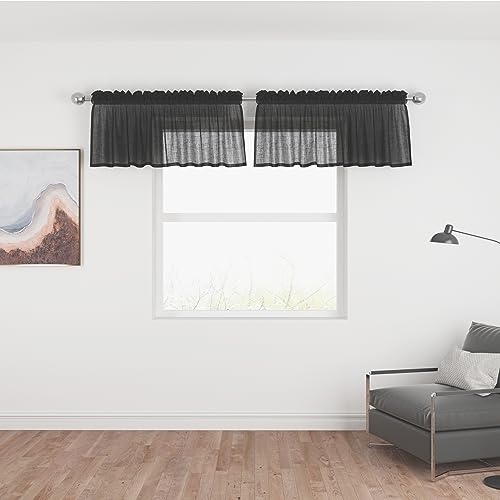 Black Sheer Tier Curtains 16 inches Long Voile Kitchen Tiers over Sink Cafe Curtains Bathroom Basement Short Small Mini Curtain Panels for Door Caravan Cabinet Half Window Curtains 2 Panels Rod Pocket
