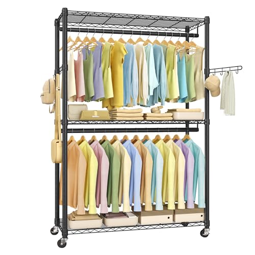 SONGMICS Garment Rack, Heavy-Duty Rolling Clothes Rack, Portable Closet Rack, 43.3-Inch Wide Clothing Rack on Wheels, with Adjustable Mesh Shelves and Hanging Rails, Hooks, Ink Black ULGR414B01
