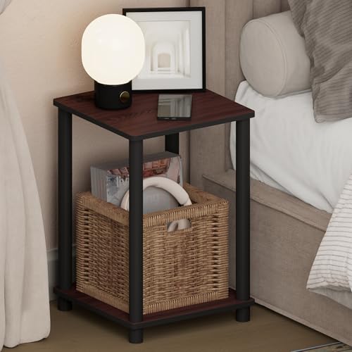 Furinno TURN-N-TUBE Night Stand, 2-Tier Open Shelf Design Nightstand, Toolless Square Bedside Table, End Table, Side Table, for Bedroom, Closet, Living Room, Dark Cherry
