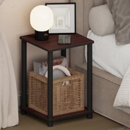 Furinno TURN-N-TUBE Night Stand, 2-Tier Open Shelf Design Nightstand, Toolless Square Bedside Table, End Table, Side Table, for Bedroom, Closet, Living Room, Dark Cherry