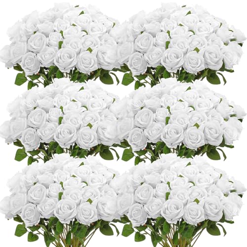Jexine 50 Pcs Artificial Rose Flower Realistic Silk Roses with Stem Bouquet of Flower Plastic Flower Real Looking Fake Rose for Home Wedding Centerpieces Party Decoration