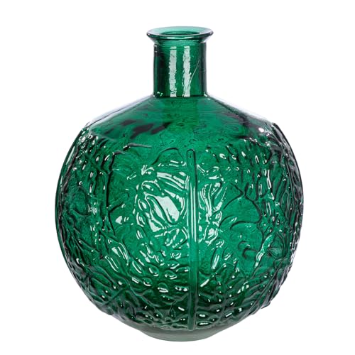 GILDE Jungle Glass Vase - Leaf Motif - Round - Shiny - Green - Height 44 cm x Diameter 33 cm - Waterproof Flower Vase
