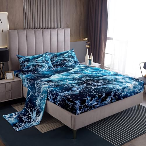 Erosebridal Blue Waves Bed Sheets Set King Size Ocean Sea Sheet Set Summer Theme Print Sheets Marine Water Grain Nautical Deep Pocket Top Sheet with 2 Pillow Cases