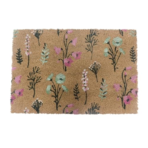 Relaxdays Coconut Doormat, Floral Design, 60x40 cm, Non-slip, Weather-resistant, Indoor & Outdoor, Multicoloured