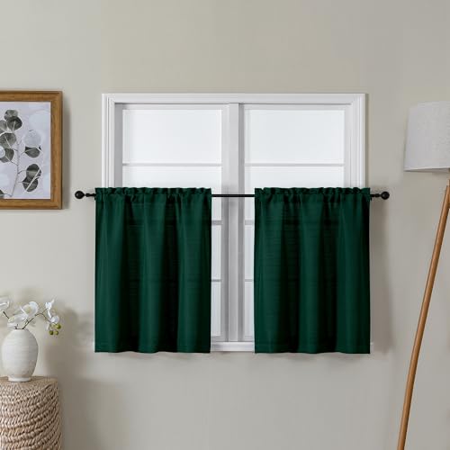 "Lecloud Bessie Hunter Green Kitchen Curtains 24 Inch Length 2 Panels, Classic Faux Linen Cafe Short Curtains, Rustic Airy Tiers Window Treatments for Living Room Laundry Room, Each 30"" W x 24"" L"