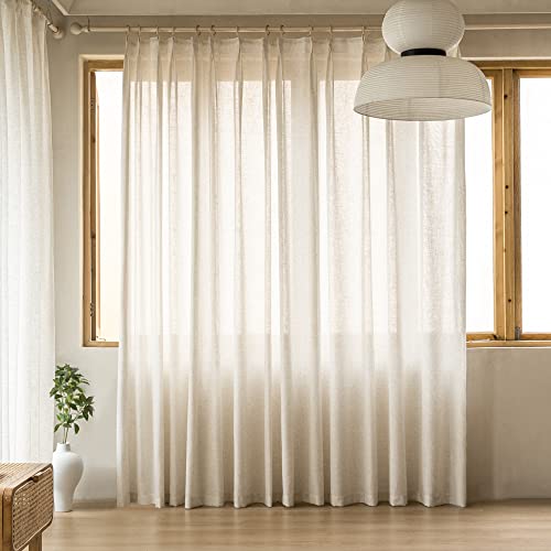 "MAIHER Semi Sheer Linen Textured Curtains for Living Room Bedroom, 54"" W x 63"" L, Light Filtering Patio Door Drapes Pinch Pleated with Tieback and Hooks, Natural Linen (1 Panel)"