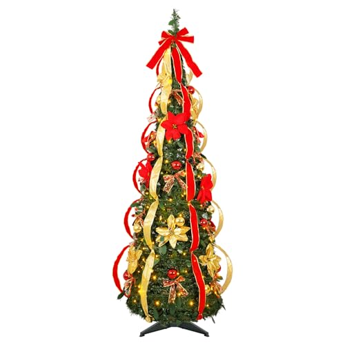 AGM Pop-Up Christmas Tree 6FT, Pre-Lit with 200 Warm White LED Lights, Easy to Set Up, Collapsible, Pre-Decorated Artificial Tree for Indoor Holiday Parties