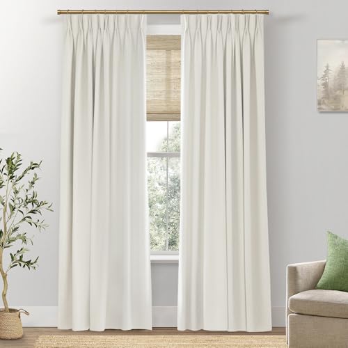SHINELAND Black Out Curtains 96 Inches Long,Cream Linen Pinch Pleated Blackout Floor to Ceiling Curtains for Living Room 2 Panel Set,Cortinas para Cuarto Bloqueador De Luz