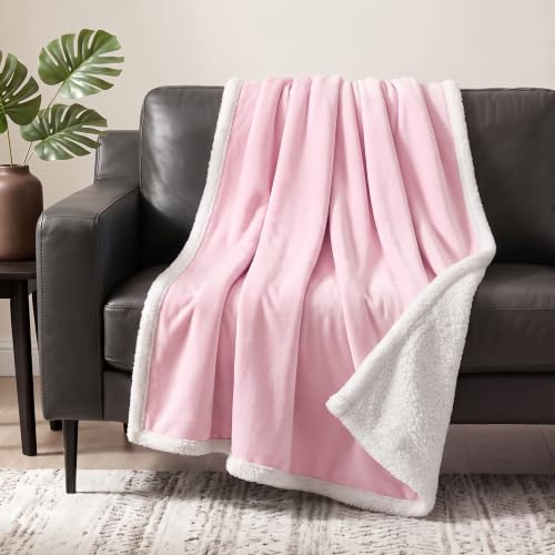 PAVILIA Sherpa Fleece Throw Blanket for Couch, Twin Size, Light Pink, Plush Soft Fuzzy Sofa Blanket, Cozy Reversible Winter Throw for Women Men, 60x80 Inches