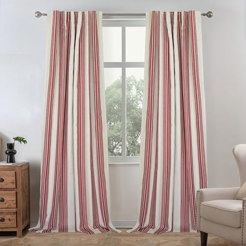 DriftAway Chris Linen Blackout Curtains with Thermal and Sound Reducing Layer 84 Inches Long for Bedroom Striped Printed Drapes Thermal Insulated Lined Window Treatments for Living Room Linen Red