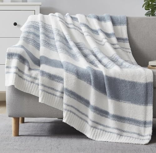 WRENGONGE Grey Blue Throw Blanket, 60x80 Soft Cozy Microfiber Striped Throw Blankets for Couch, Sofa, Bed, Travel, Lightweight Fluffy Warm Plush Decorative Blankets for Women, Men,Kids Gift