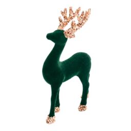 Christmas Velvet Reindeer Figurine 23cm - Emerald Green Flocking Deer Ornament with Sequin Glitter Antlers - Festive Table Decoration for Mantel, Shelf, Centerpiece and Home Décor