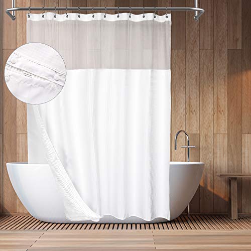 "Barossa Design Hotel Style Cotton Shower Curtain with Snap-in Fabric Liner, 78"" Long, Mesh Window Top, Honeycomb Waffle Weave Cotton Blend Fabric, Washable, White, 71x78 Inches"