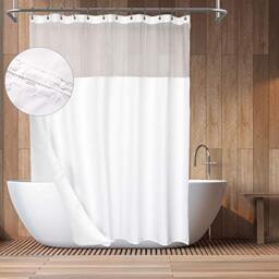 "Barossa Design Hotel Style Cotton Shower Curtain with Snap-in Fabric Liner, 78"" Long, Mesh Window Top, Honeycomb Waffle Weave Cotton Blend Fabric, Washable, White, 71x78 Inches"