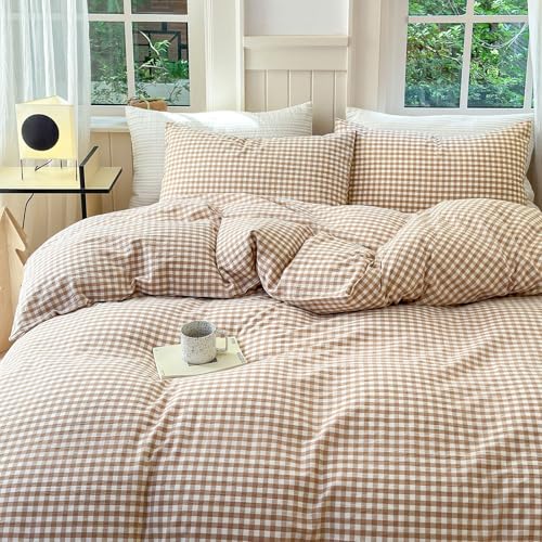 Tan Gingham Duvet Cover Full 100% Washed Cotton Beige Taupe Plaid Duvet Cover 3 Pieces Checkered Grid Comforter Cover with Zipper Ties Luxury Soft Breathable Gingham Bedding Set Full
