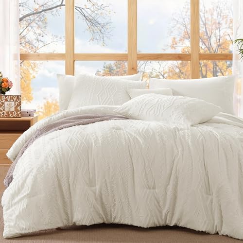 King Size Comforter Set- 7 Pieces Tufted Bed in a Bag King Bedding Sets - All Season Shabby Chic Boho Bedding with Comforter, Sheets, Pillowcases & Shams ,White