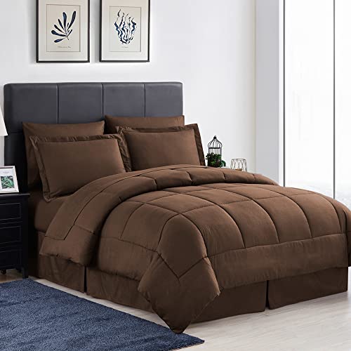 Sweet Home Collection 2 Pillowcases & 2 Shams & Bed Skirt All Season Warmth, Fine Double Brushed Microfiber/100% Fiber Fill, Greek Key Chocolate, King
