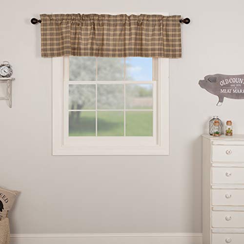 VHC Brands Tan Farmhouse Kitchen Curtains Sawyer Mill Plaid Valance Rod Pocket Cotton Hanging Loops